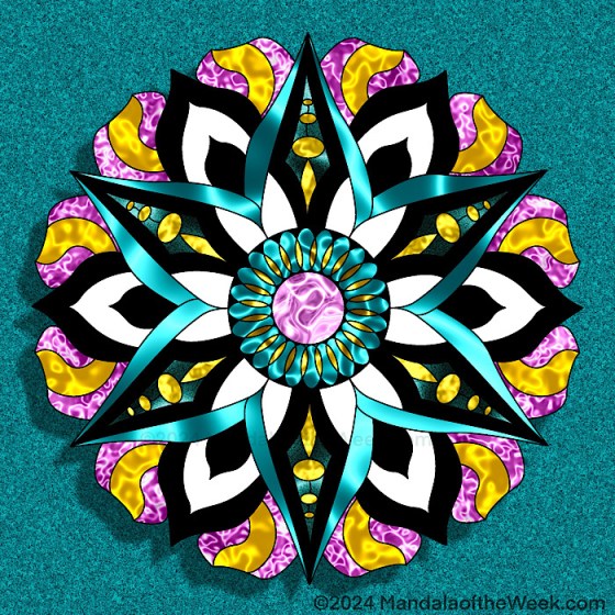 turquoise speckled background, mandala with turquoise in a 6-pointed star, black and white pattern in between the start points, and a wavy pattern of pink and gold in between the points of the star and the points of the black and white pattern