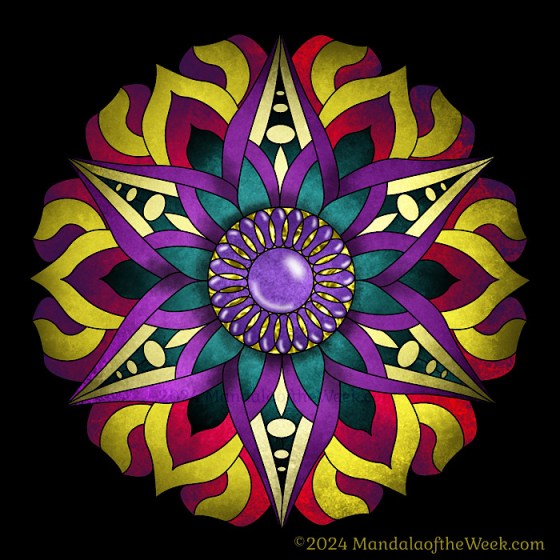 black background. vibrant mandala of jewel tone colors: purple, teal, deep red, and gold.