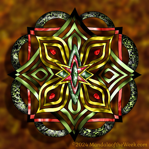 digital art. blurred background of warm colors. mandala features gold, green, cool reds and bits of white. instead of the whole mandala being filled in with colors, areas of it were left blank to give it the look of those cutout snowflakes kids do in school.