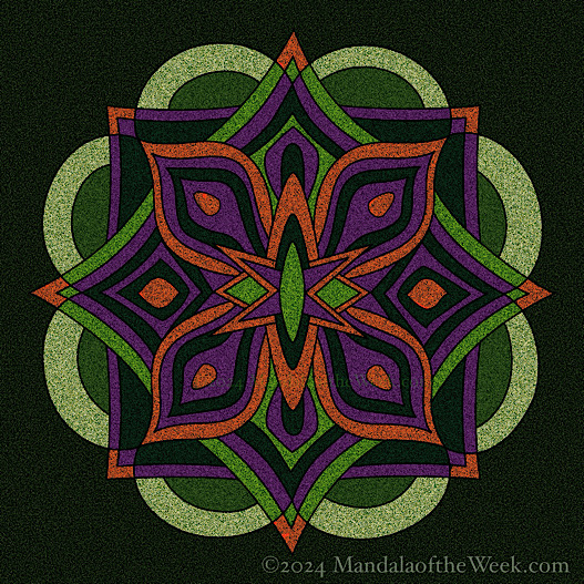 overall grainy texture with colors of orange, purple, and varying shades of green.