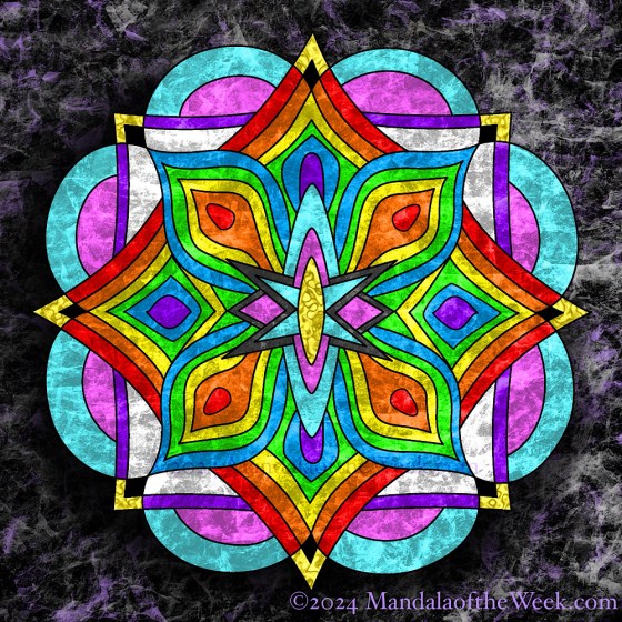 black marbled textured background, with hints of purple. that same texture goes through the mandala which incorporates rainbow colors throughout with the outer portion being pink, turquoise, and white.