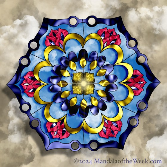 MotW 24-41 The Return — 6-sided mandala with colors of gold, magenta, sky blue, indigo, taupe, sand, and off-white.