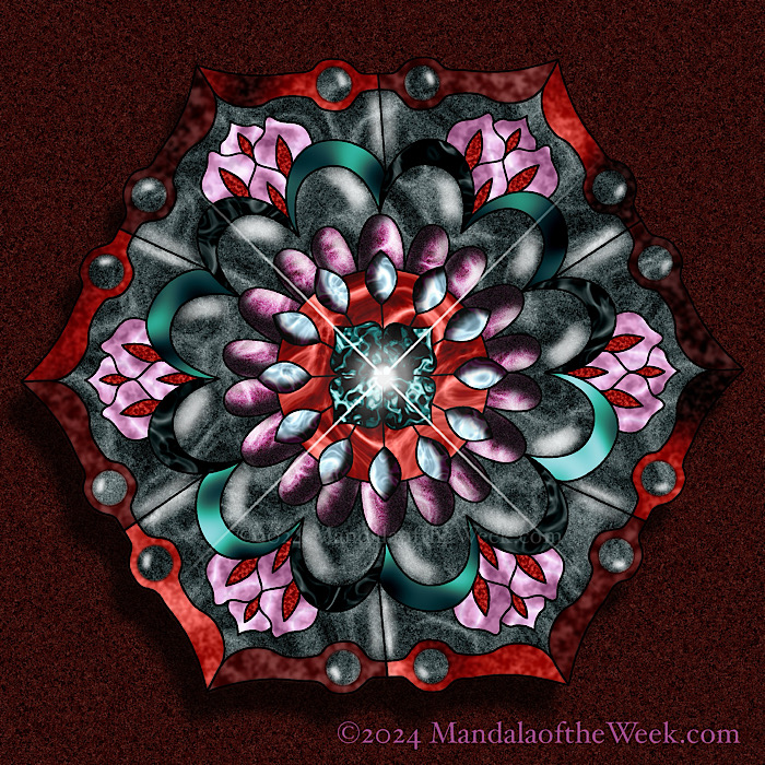MotW 24-42 The Return—The Mandala Lady. abstract mandala with colors of red, peak, teal, auburn, charcoal, dark brown