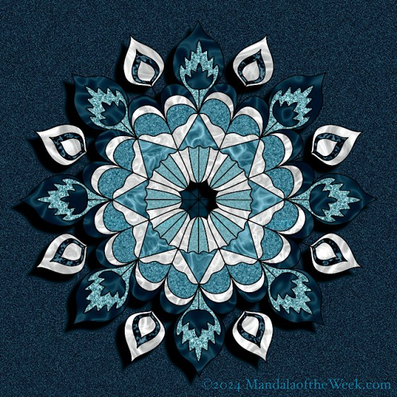 MotW 24-49 Step 12 Week 2 Home. a 16 point mandala design with varying shades of teal and light grey.