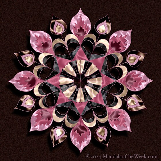 MotW 24-51 A Journey into Joy Mandala Step 12 week 4–My Purpose. 16 point mandala with colors of grey, sand, pink, blush, and coffee