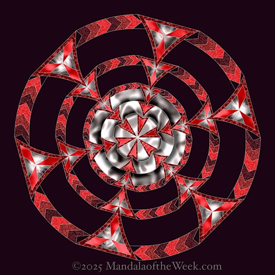 MotW 25-01 Pilgrimage Mandala — after…in varying shades of red and silver…concentric circles and arrow shapes.