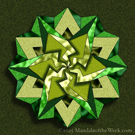 MotW 25-02 Integrity Mandala — after. Angular mandala with 6- and 12- point patterns…triangles and arrowheads. Varying shades of yellow green. and grass greens.