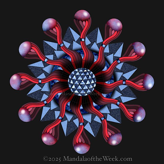 MotW 25-03 Practice — after. 12 point mandala digitally painted with reds, blues, and some purples.