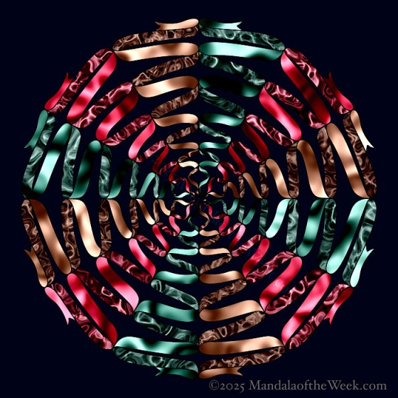 MotW 25-04 Challenges — after. twelve ribbons unraveling from the center outward in colors of red, green, and bronze