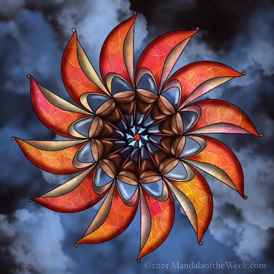 MotW 25-06 Power in Action Mandala with colors of orange, browns, dark blue, and light blue