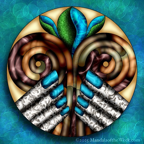 Mandala of the Week 25-07 asymmetrical with colors of teal, green, and varying shades of beige to brown. abstract hands holding an abstract flower