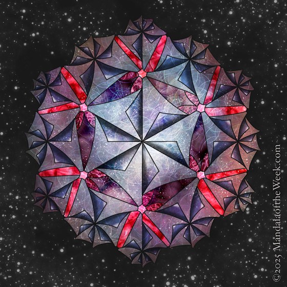 Mandala of the Week 25-19 Patience - after. in color with colors of blues, pinks, and purples and black background with stars