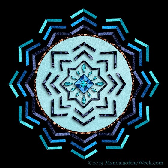 Mandala of the Week 25-25 Serenity — in color with colors of turquoise, blues, black, and a hint of brown