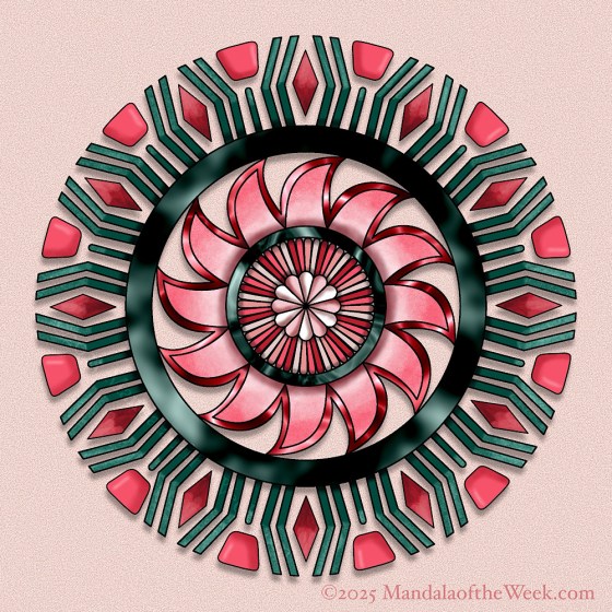 Mandala of the Week 25-30 Duty with colors of pinks, corals, and greens