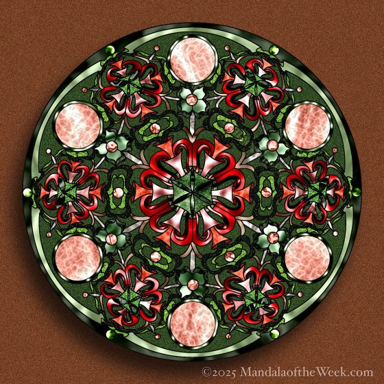 Mandala of the Week 25-37 Harmony — in colors with varying shades of red, green, and beige/tan