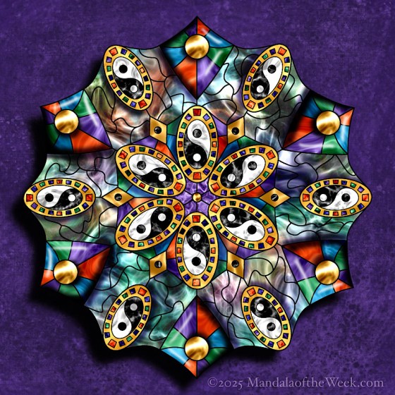 Mandala of the Week 25-39 God’s Will — in color with jewel tones and oval yin/yang symbols repeated around the circle