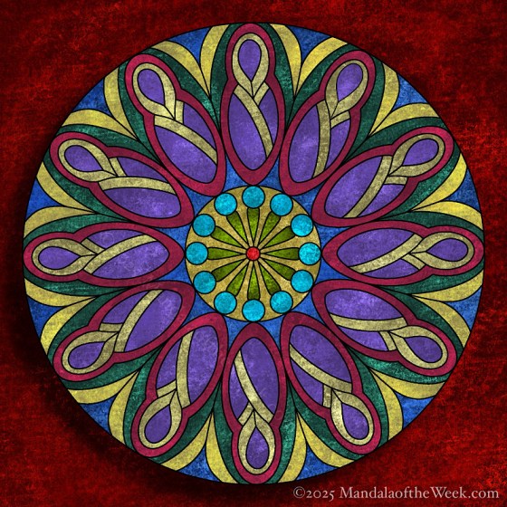 Mandala of the Week 25-40 Faith — in color with jewel tone colors of red, blue, purple, green, gold, and turquoise
