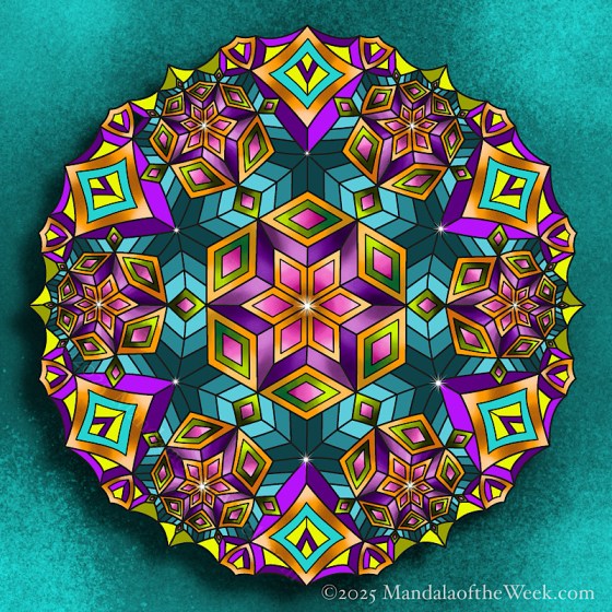 Mandala of the Week 25-41 Weathering the Storms — in color with colors of teal, pink, purple, orange, yellow, and green