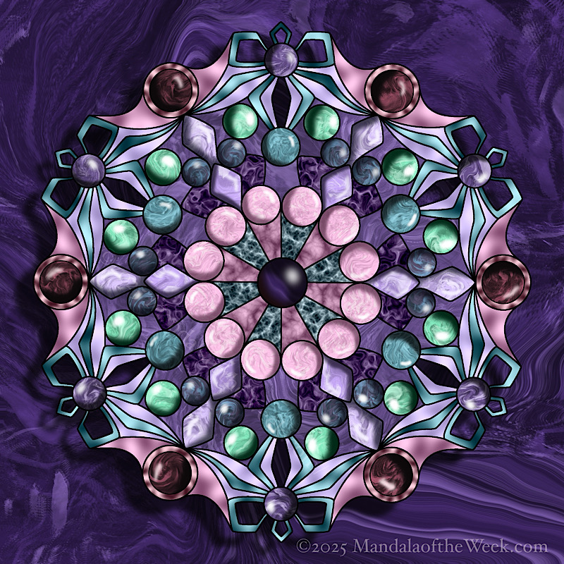 Mandala of the Week 25-42 Self-Acceptance — in color with colors of muted pinks, varying shades of purple, and varying shades of teal/green