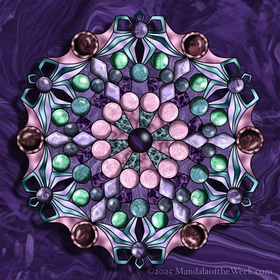 Mandala of the Week 25-42 Self-Acceptance — in color with colors of muted pinks, varying shades of purple, and varying shades of teal/green