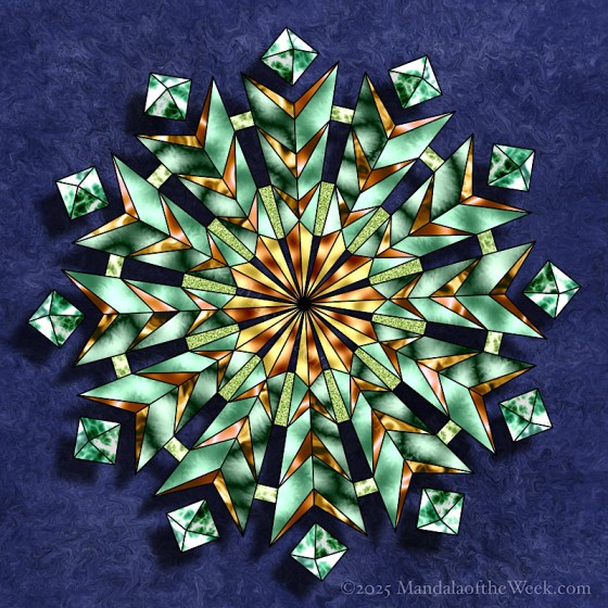 Mandala of the Week 25-43 Paying Dues — in color with colors of blue, green, gold, and copper