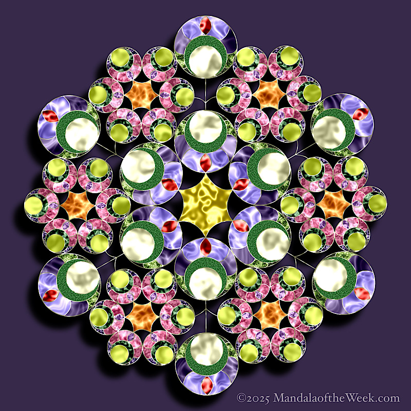 Mandala of the Week 25-44 Humility — in color with colors of pinks, purples, greens, orange, and a gold star in the middle