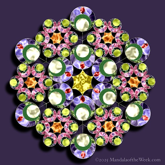 Mandala of the Week 25-44 Humility — in color with colors of pinks, purples, greens, orange, and a gold star in the middle