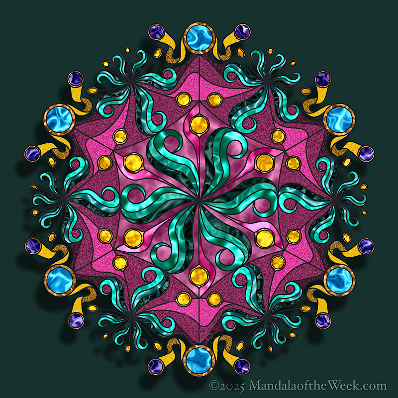 Mandala of the Week 25-46 Generosity — in color with colors of pinks, turquoise, blue, gold, and purple
