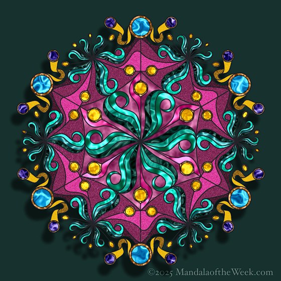 Mandala of the Week 25-46 Generosity — in color with colors of pinks, turquoise, blue, gold, and purple