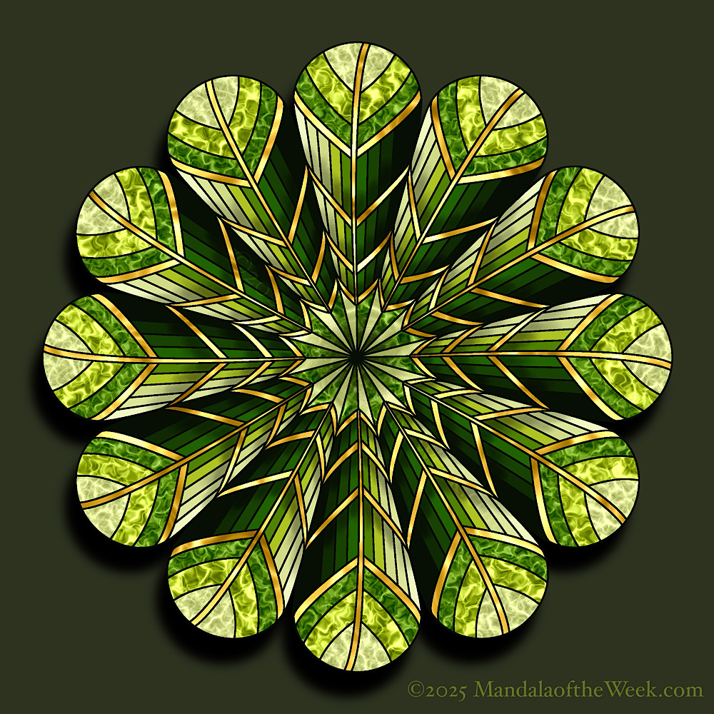 Mandala of the Week 25-47 Commitment — in color with varying shades of green with gold trim