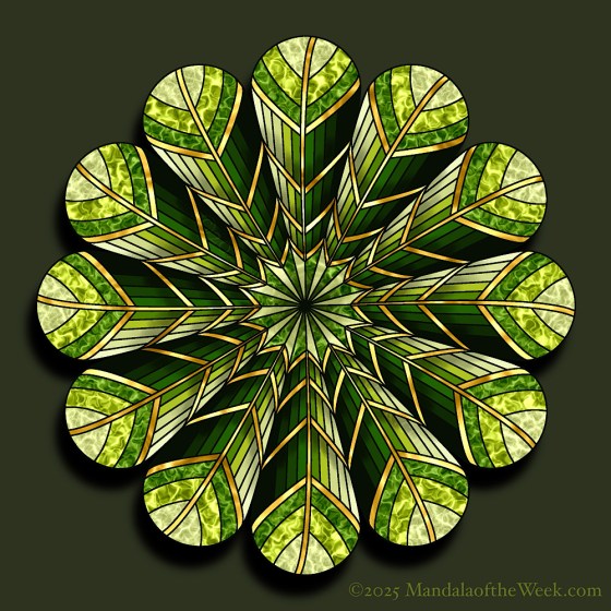 Mandala of the Week 25-47 Commitment — in color with varying shades of green with gold trim