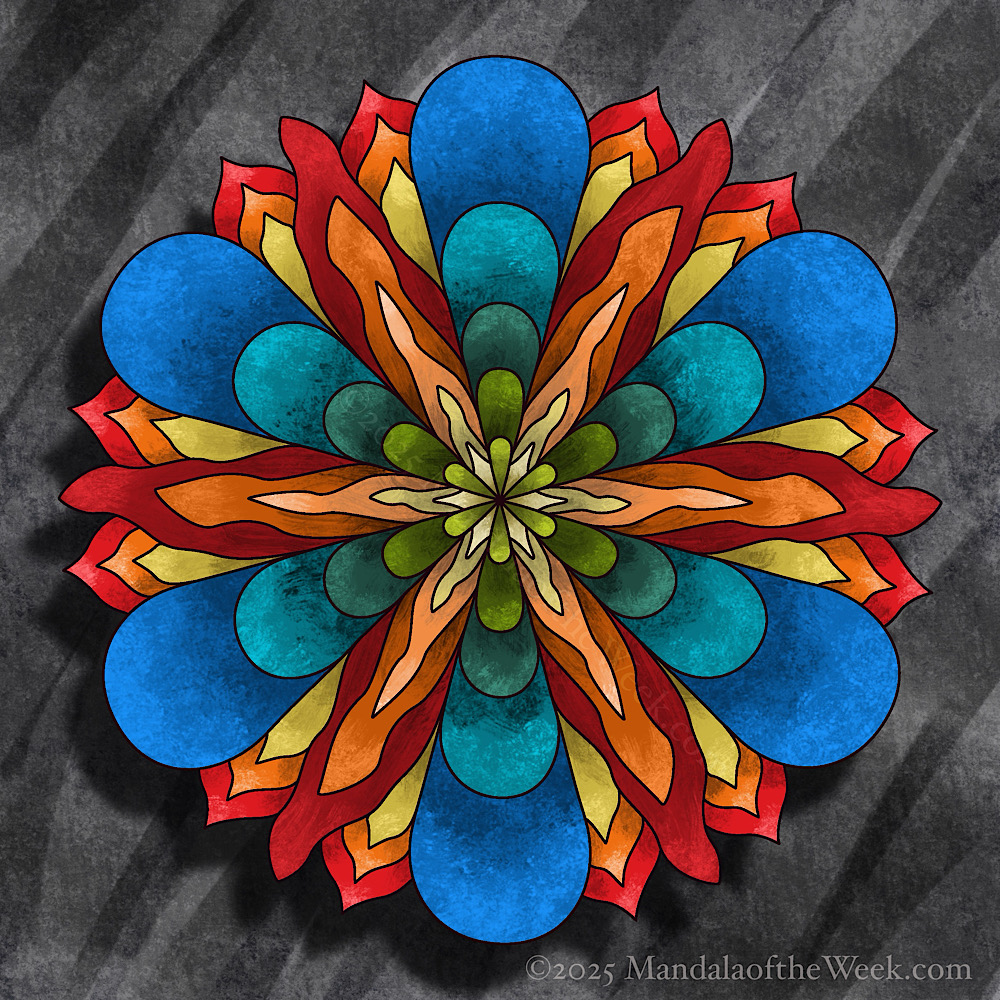 Mandala of the Week 25-48 Vulnerable Honesty in color with colors of red, orange, yellow, green, blue, and varying shades of grey