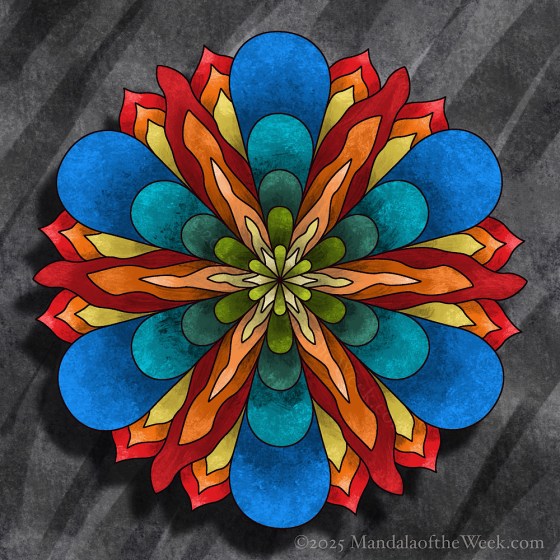 Mandala of the Week 25-48 Vulnerable Honesty in color with colors of red, orange, yellow, green, blue, and varying shades of grey