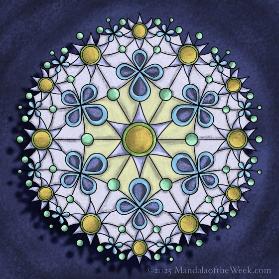 Mandala of the Week 25-49 Perspective — in color with colors of navy, goldenrod, purple, lilac, light green, and light blue