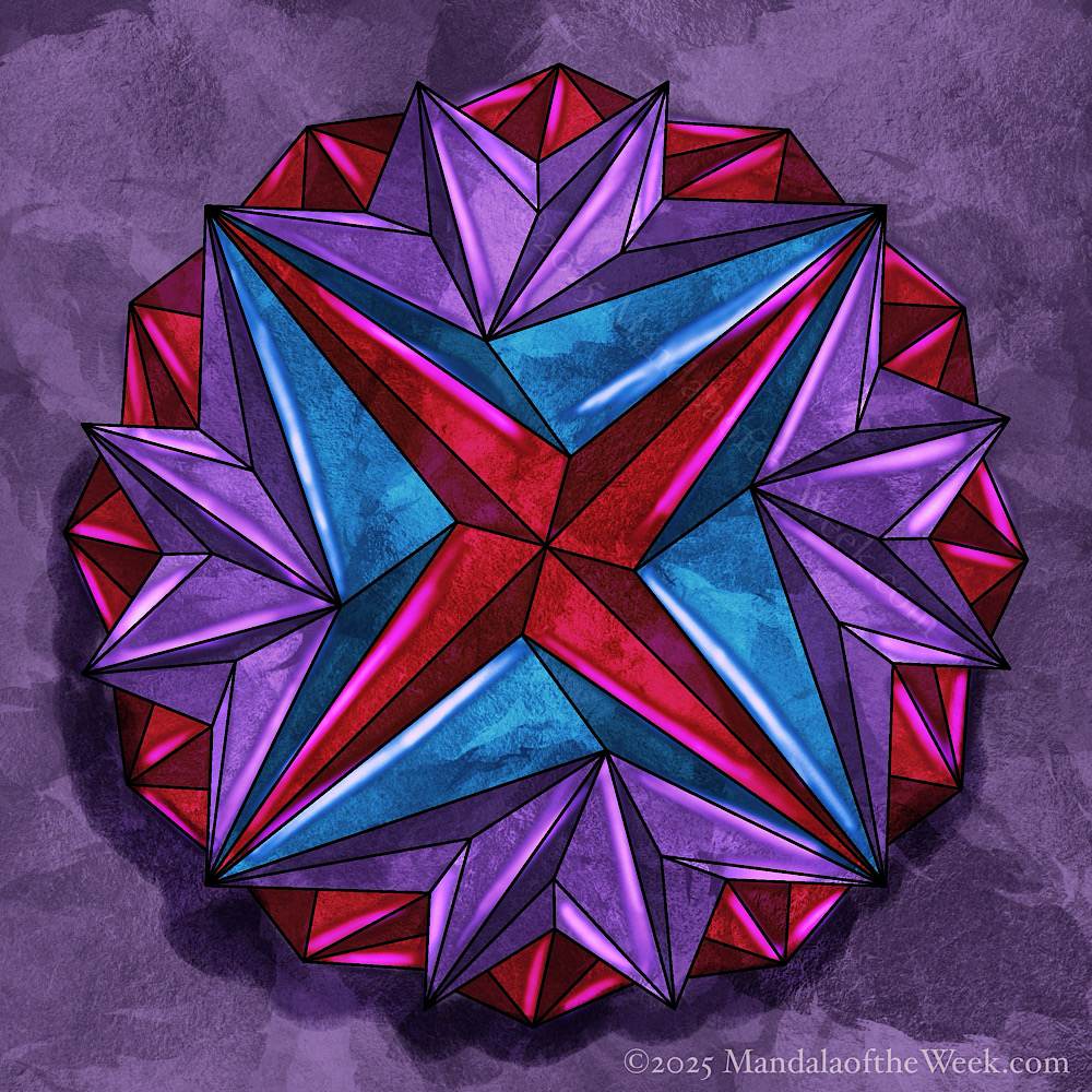 Mandala of the Week 25-50 Compassion — in color with rich colors of blue, red, and purple
