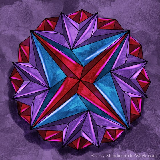 Mandala of the Week 25-50 Compassion — in color with rich colors of blue, red, and purple